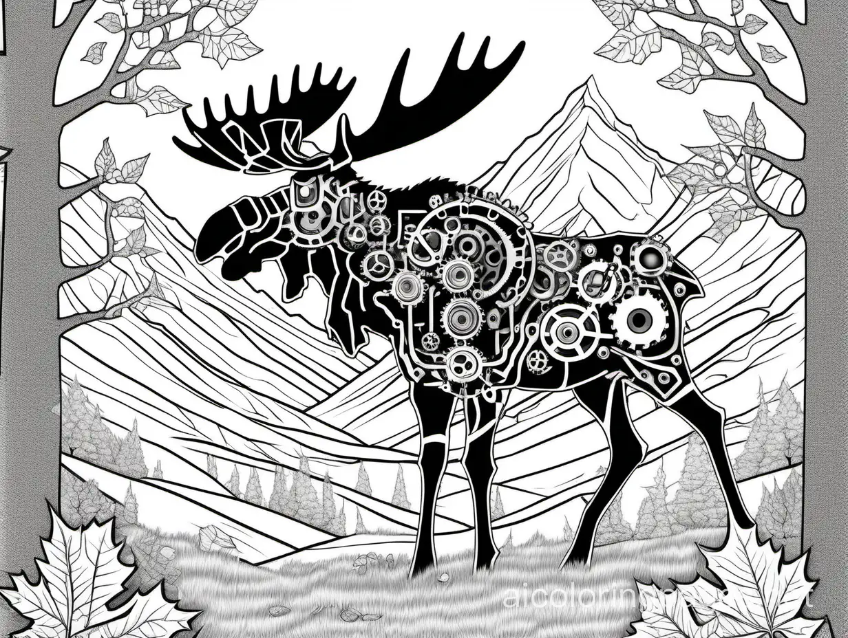 black and white Steampunk Style full page pattern of a moose ((side profile)), background is minimalistic steampunk style mountains and maple trees, Coloring Page, black and white, line art, white background, Simplicity, Ample White Space. The background of the coloring page is plain white to make it easy for young children to color within the lines. The outlines of all the subjects are easy to distinguish, making it simple for kids to color without too much difficulty