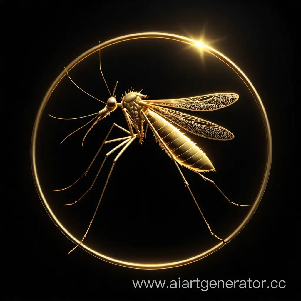 symbol MOSQUITO golden shiny in a golden circle shining on a dark black background, minimalistic, realistic, 4K Ultra HD, mosquito with thin legs and body, sideways