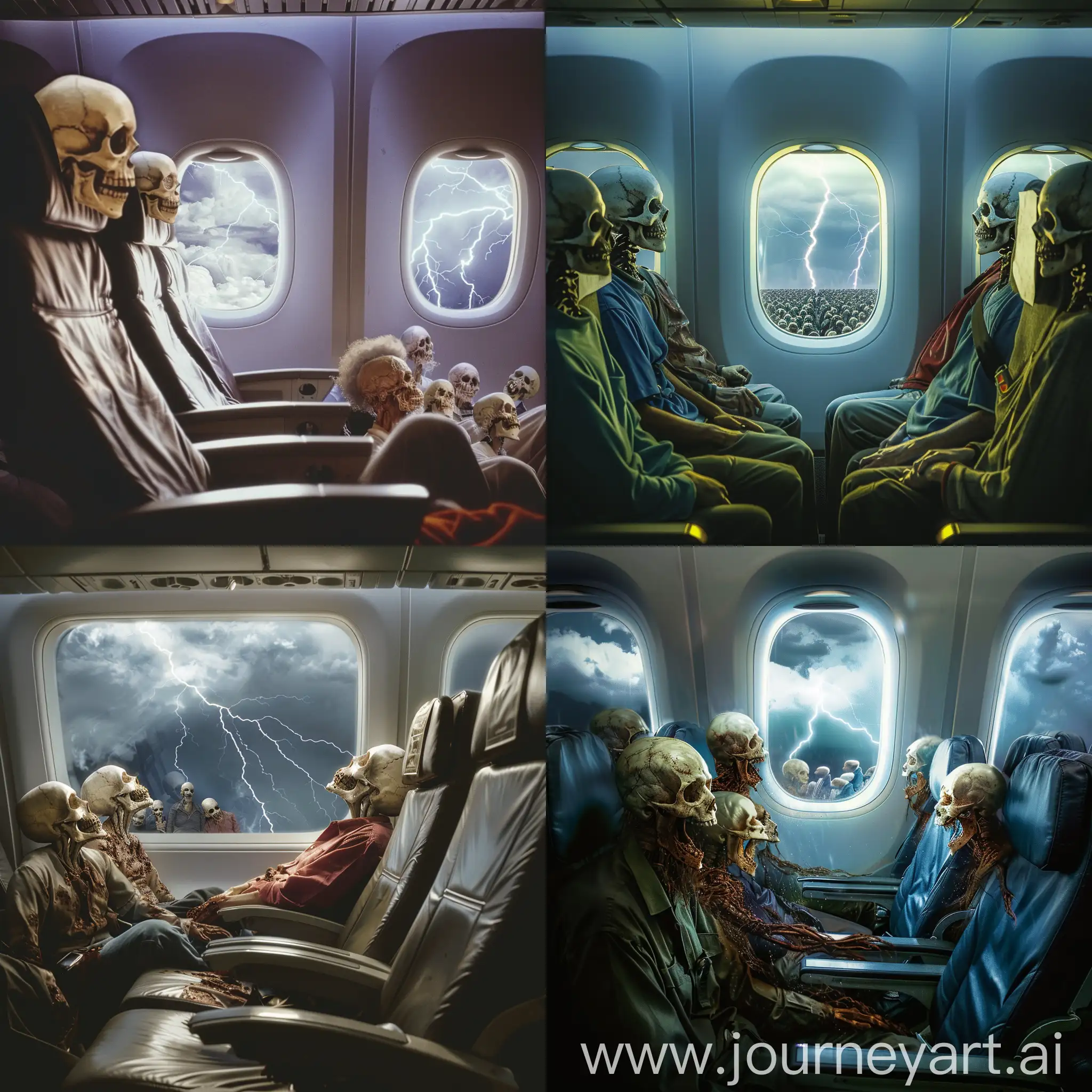 a passenger cabin on an airplane, but instead of seated passengers, they morph into lifeless corpses with skull heads, and as you glance through the window, you witness a horrifying scene as lightning strikes just outside.