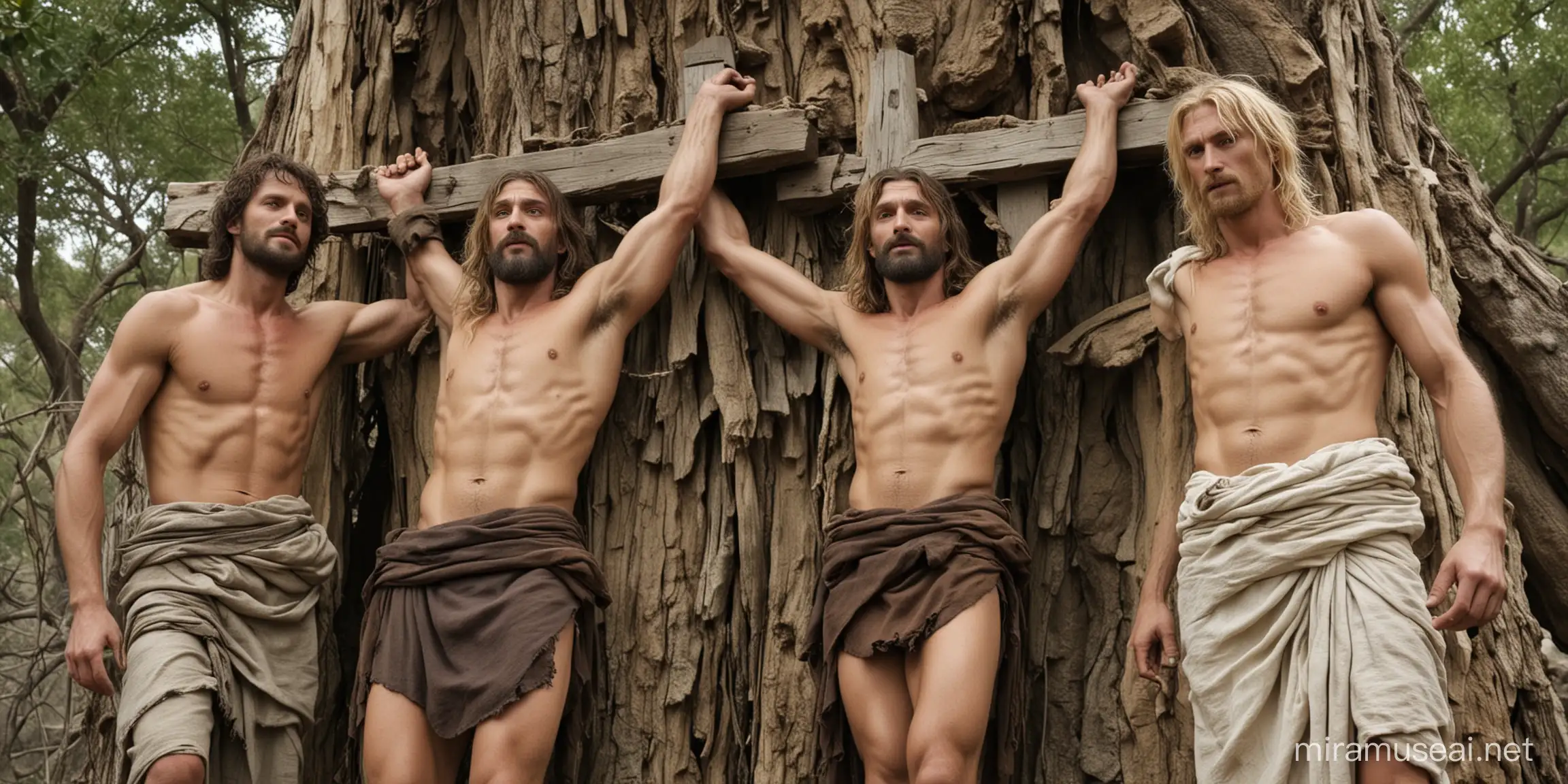 3 men are nailed to trees, the middle one is jesus, the 2 other men are the gestas and de dismas, gestas has blond hair and chesthair and wears a loincloth, dismas has dark hair has a hairy chest and wears a rugged cloth on his middle, it is 40 degrees Celsius, the place is Golgotha, the 3 crosses are complete shown on the picture