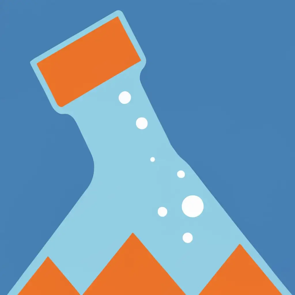 logo, chemical flask in two colors - skyblue and orange, with the text "CHIMEIA", typography