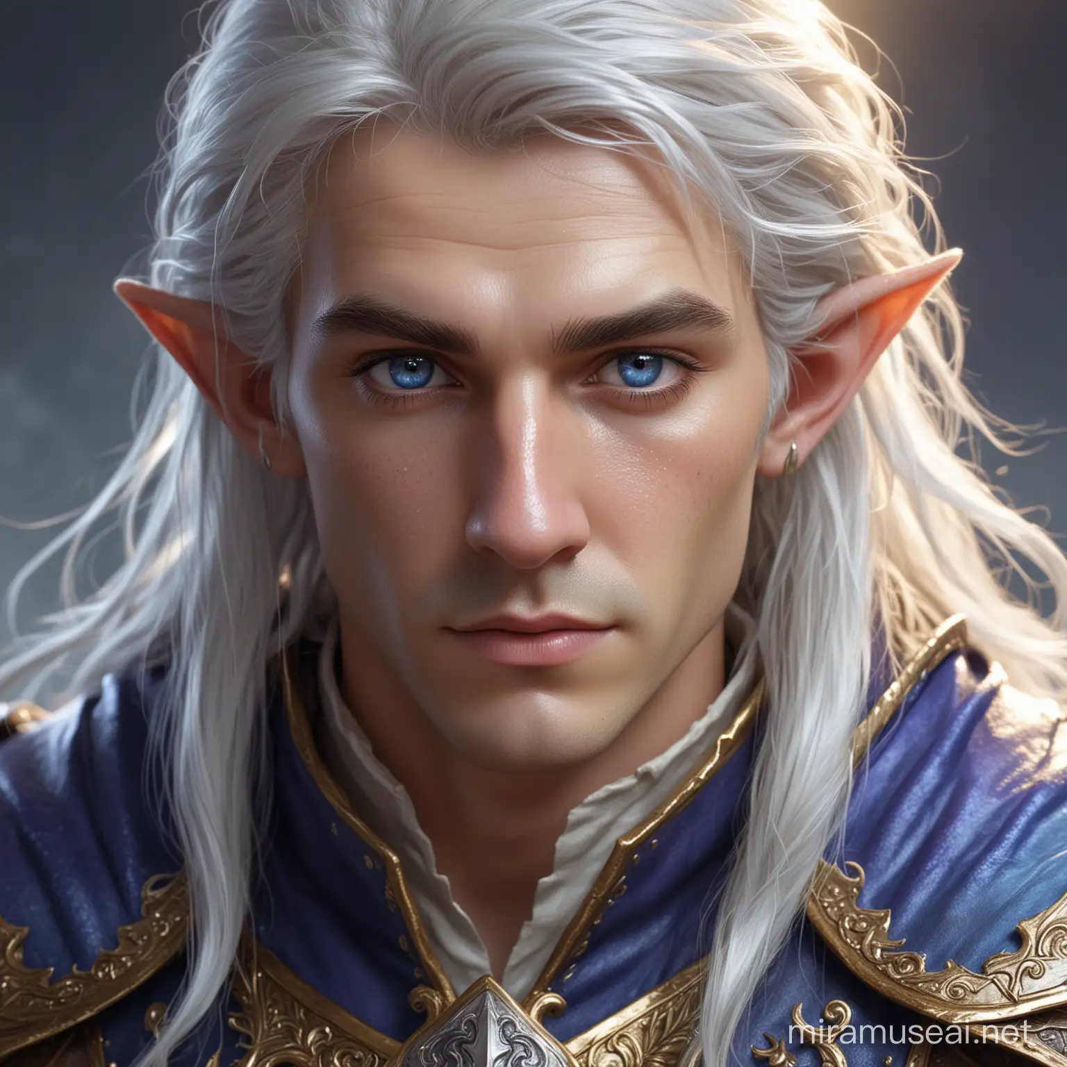 Le portrait d'un personnage de jeu de rôle. Il s'agit d'un elfe à la peau albâtre. Il porte ses cheveux mi-long, blanc-argenté de manière relachée relaché. Ses yeux sont bleu, pailletés d'or. Il possèdes des habits de bardes avec une armure en cuir, dans des coloris bleu et violet