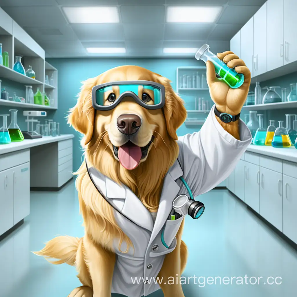 In a laboratory, a golden retriever wearing lab Safety Goggles and a lab coat .it is devoloping  technology , hold his hand a lab tube . 