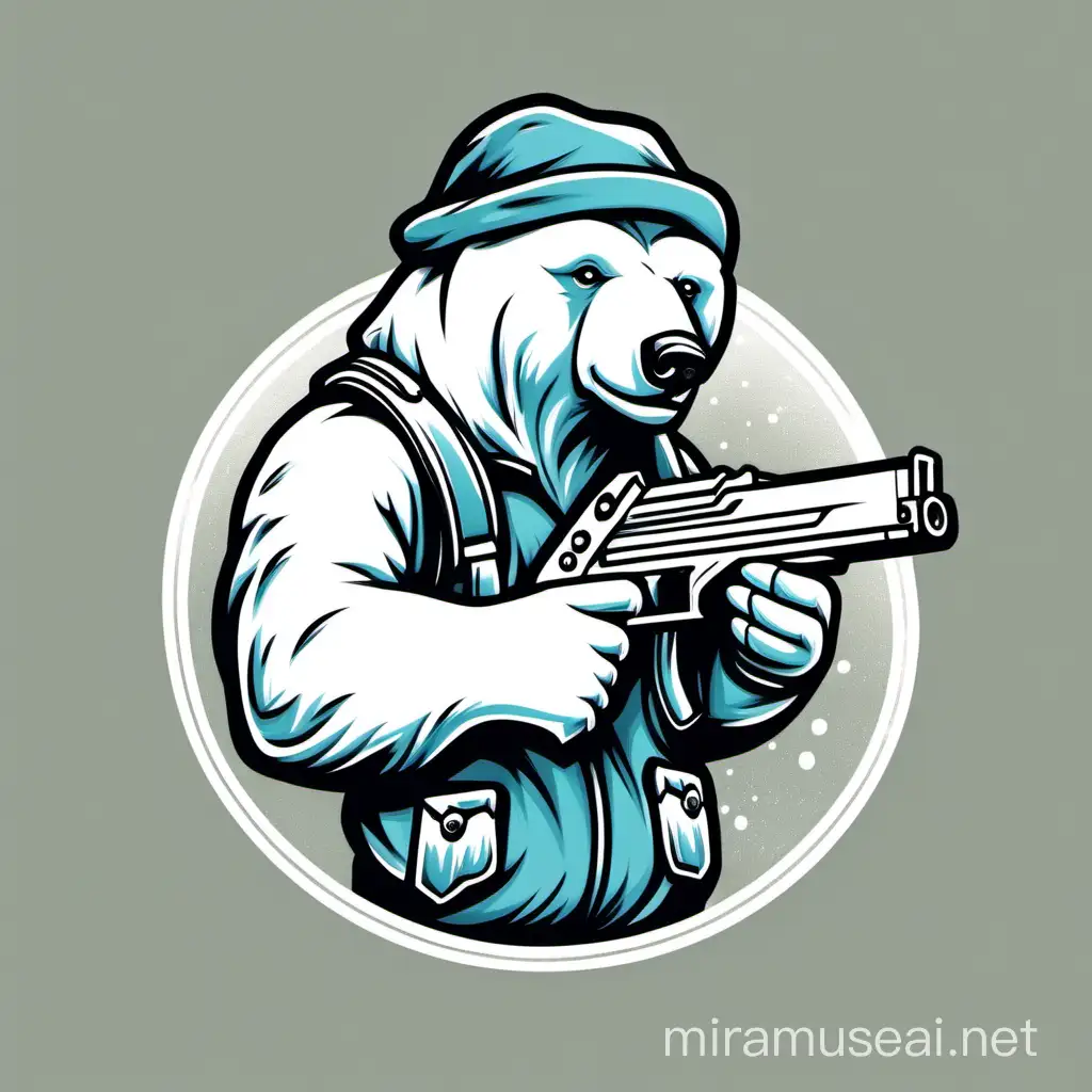 draw a simple vintage design logo humanoid polar bear holding an ice blasting gun