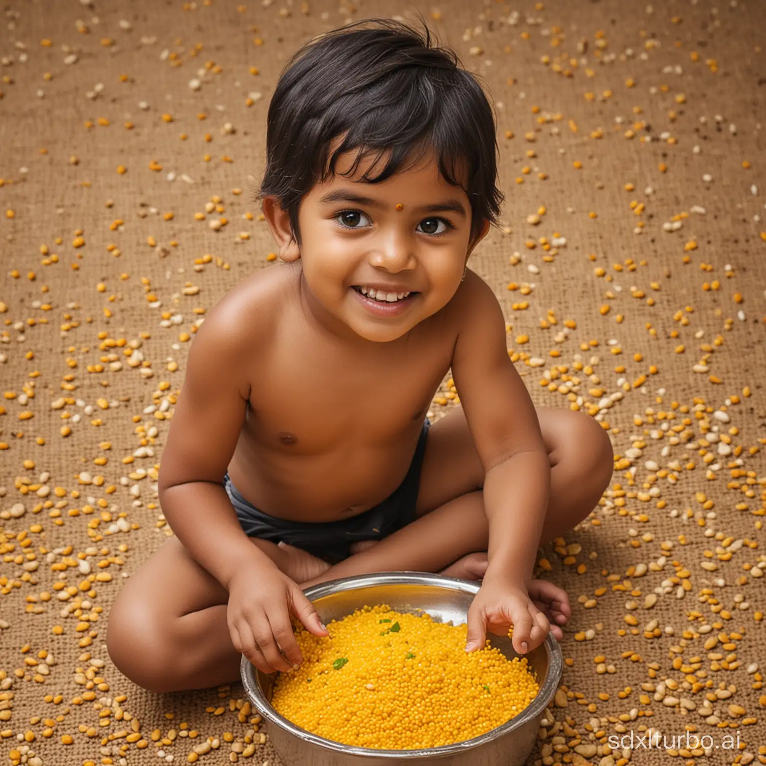 Indian child playing with yellow arhar dal