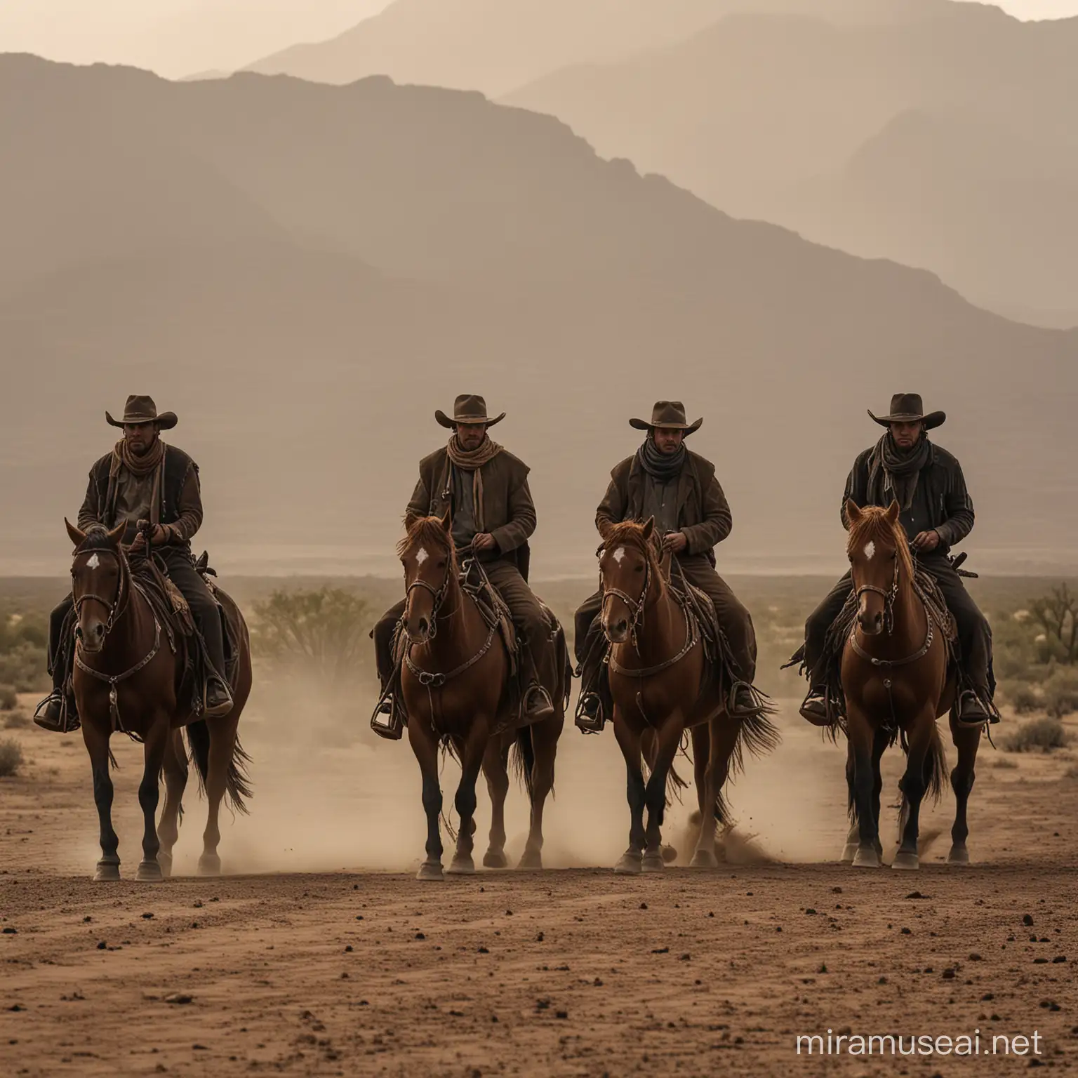 Five cowboys on horses lined up side by side in the desert, the men appear tough and rugged, the scene is dark