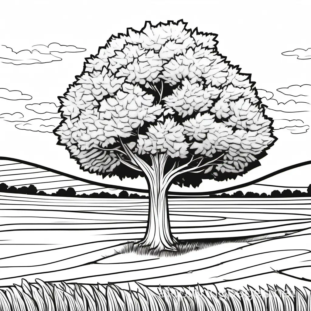 linden tree on the field, Coloring Page, black and white, line art, white background, Simplicity, Ample White Space. The background of the coloring page is plain white to make it easy for young children to color within the lines. The outlines of all the subjects are easy to distinguish, making it simple for kids to color without too much difficulty
