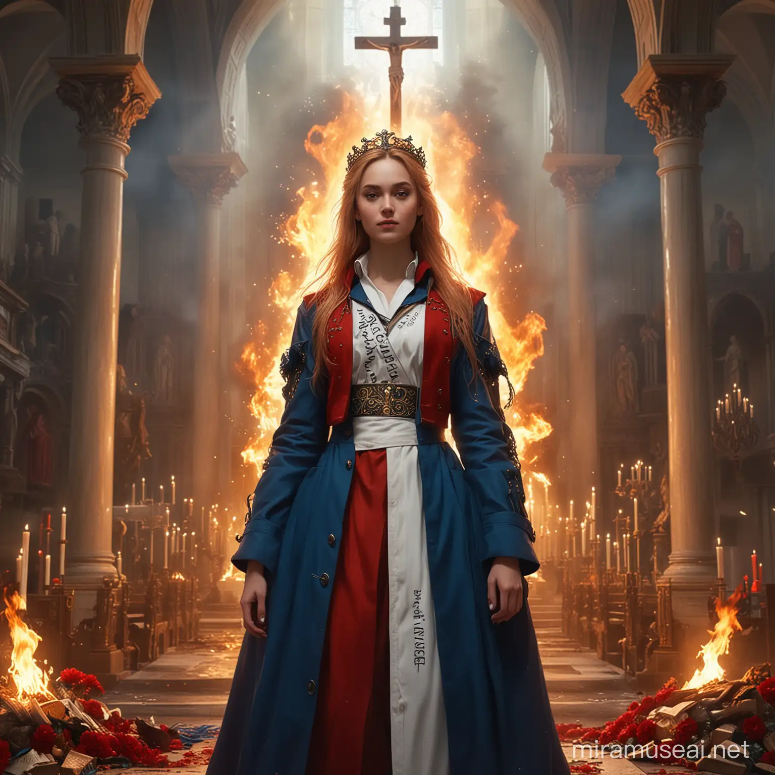 Teenage Empress Goddess Rebecca the Omen in Fiery Church Scene with Giant Peacock