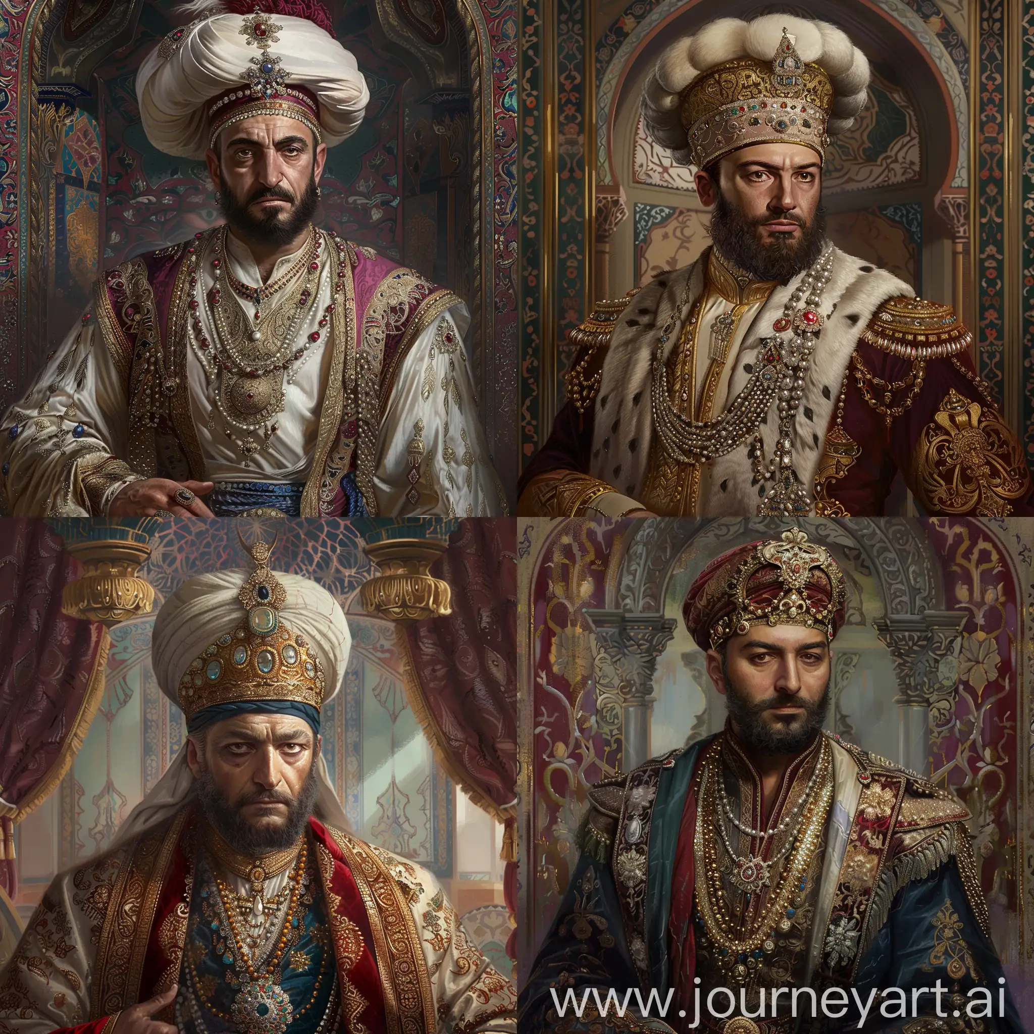 Create a portrait of Suleiman the Magnificent, the Ottoman Sultan, showcasing his power and sophistication. Depict him in luxurious attire, adorned with jewels and elaborate fabrics, to reflect his wealth and status. Capture his strong and confident gaze, conveying his intelligence and leadership qualities. Include symbols of Ottoman culture and influence, such as intricate patterns and architectural elements from the era. Surround him with a sense of opulence, using rich colors and textures to convey the grandeur of his reign.