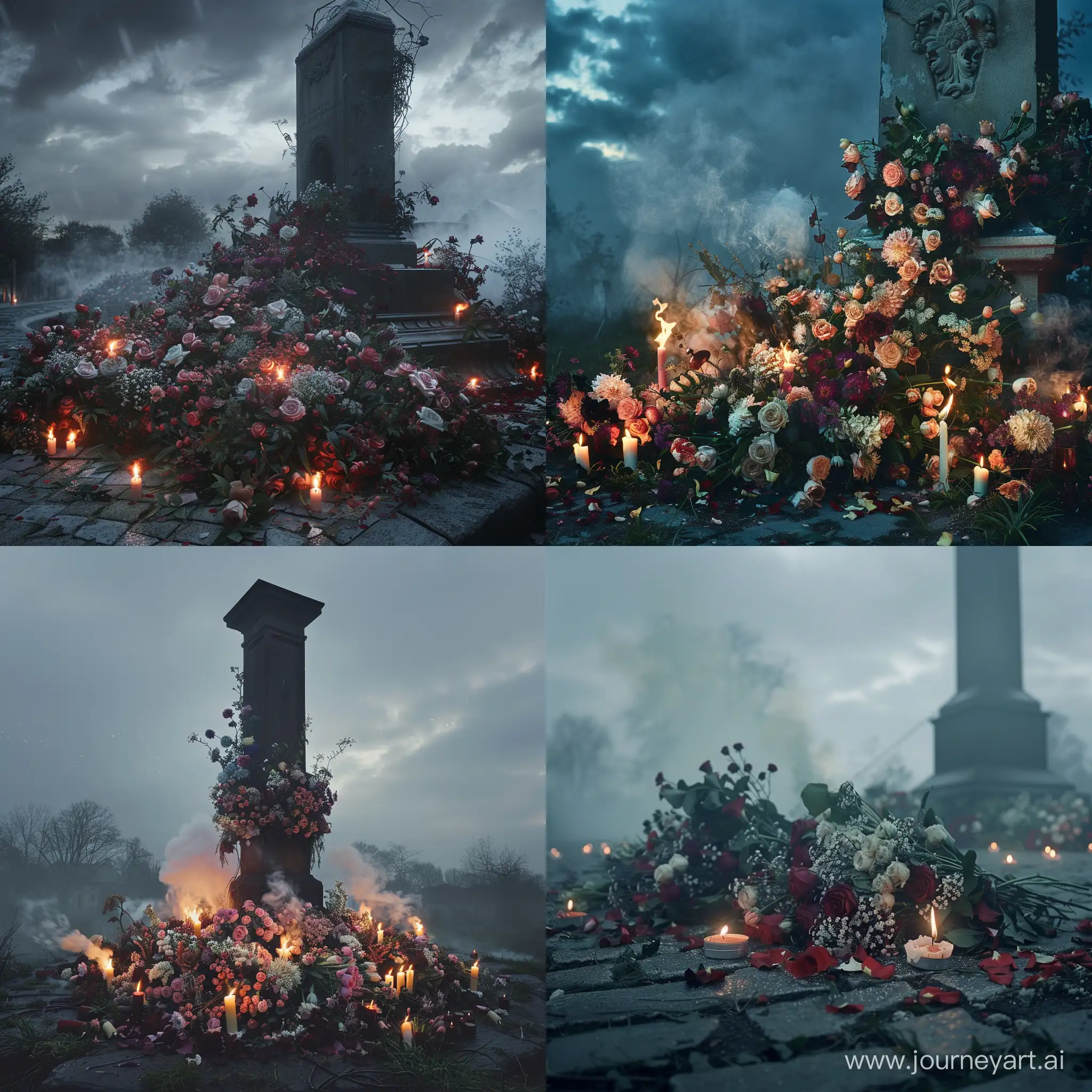 Возложенные букеты цветов и горящие свечи у подножия памятника, скорбная обстановка, фотография, гиперреализм, высокое разрешение