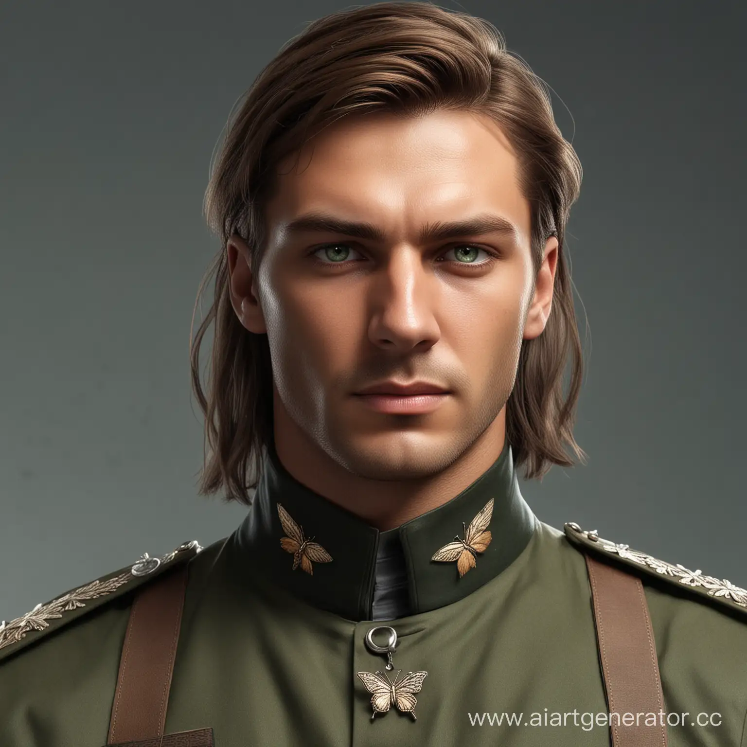 Русский мужчина, загорелая кожа, зелёные глаза, длинные карие волосы, с заколкой бабочкой. Одет в военную форму как из игры Call of duty