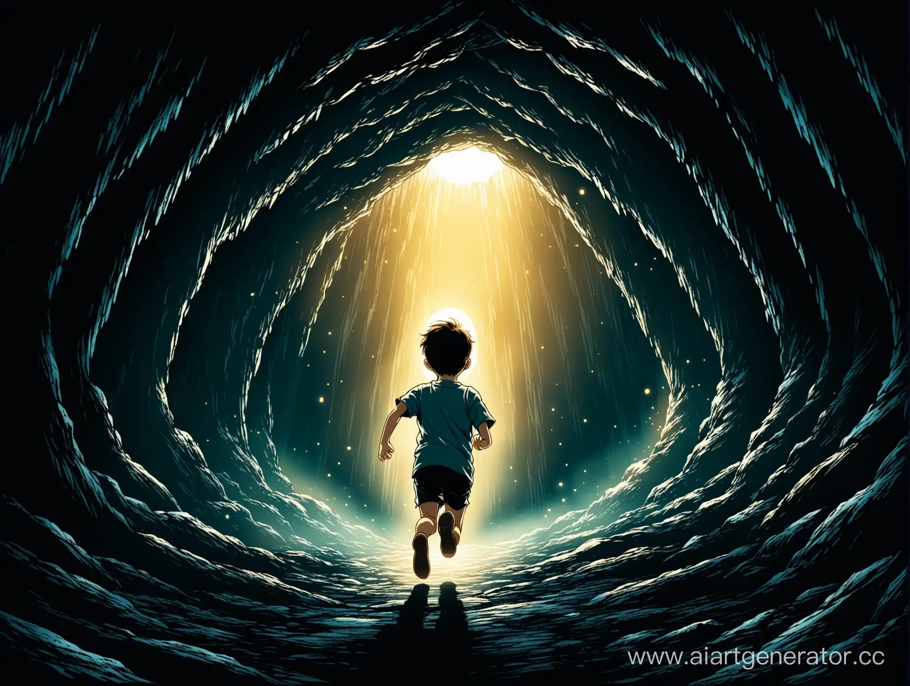 Мальчик бежит по темной пещере к свету