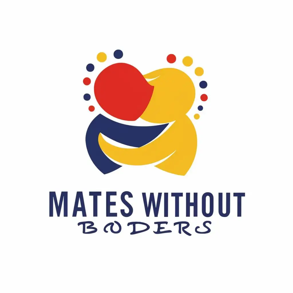 logo, A person hugging a kid. Red, yellow and blue. Playful, with the text "Mates Without Borders", typography, be used in Nonprofit industry