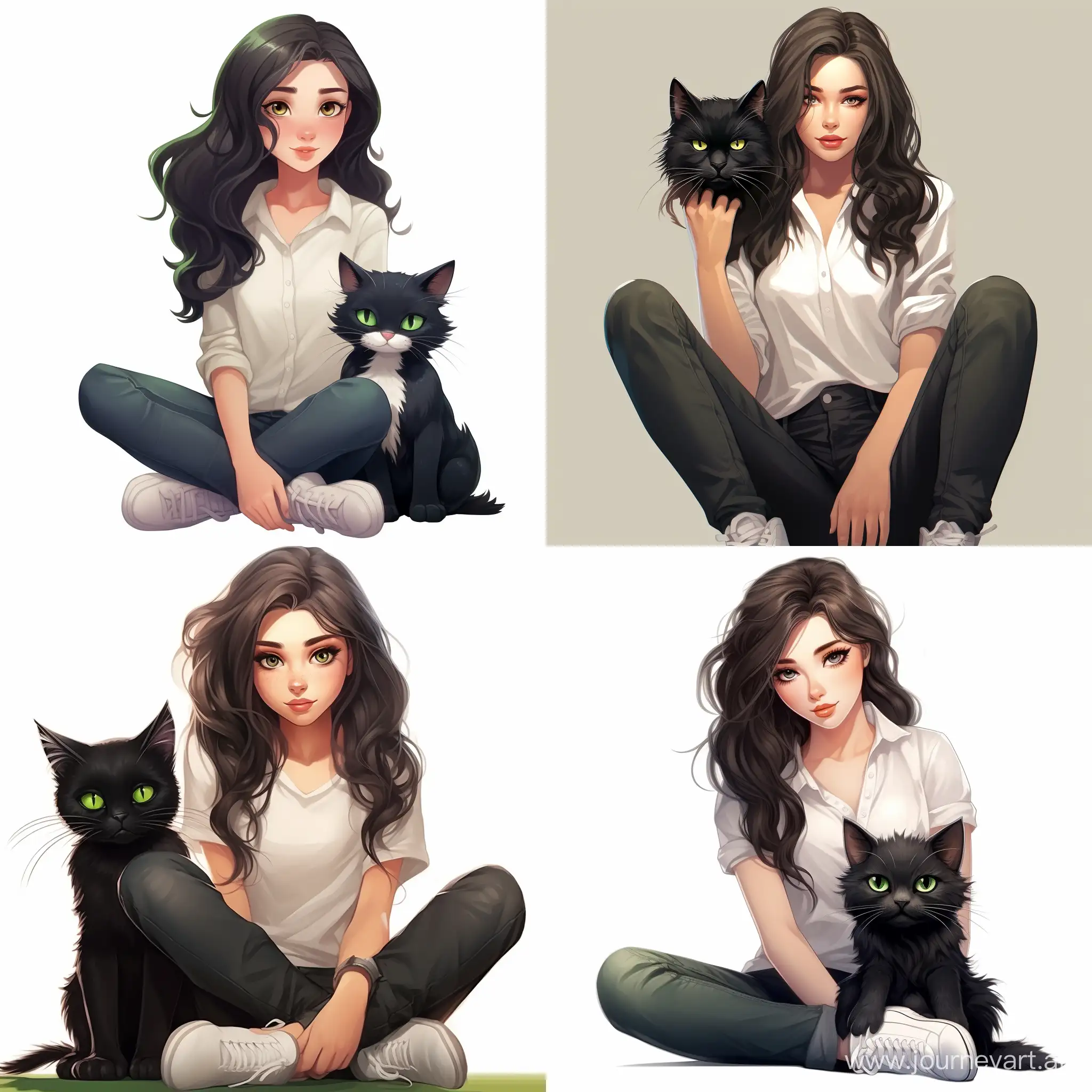 Beautiful girl, straight dark hair, expressive green eyes, snow-white skin, teenager, dressed in a shirt, jeans and sneakers, black cat, high quality, high detail, cartoon art