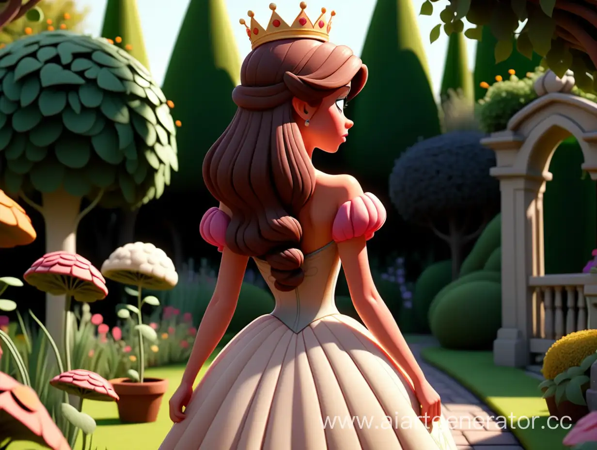 cartoon style, 8k, a beautiful princess back facing the camera walking in the garden
