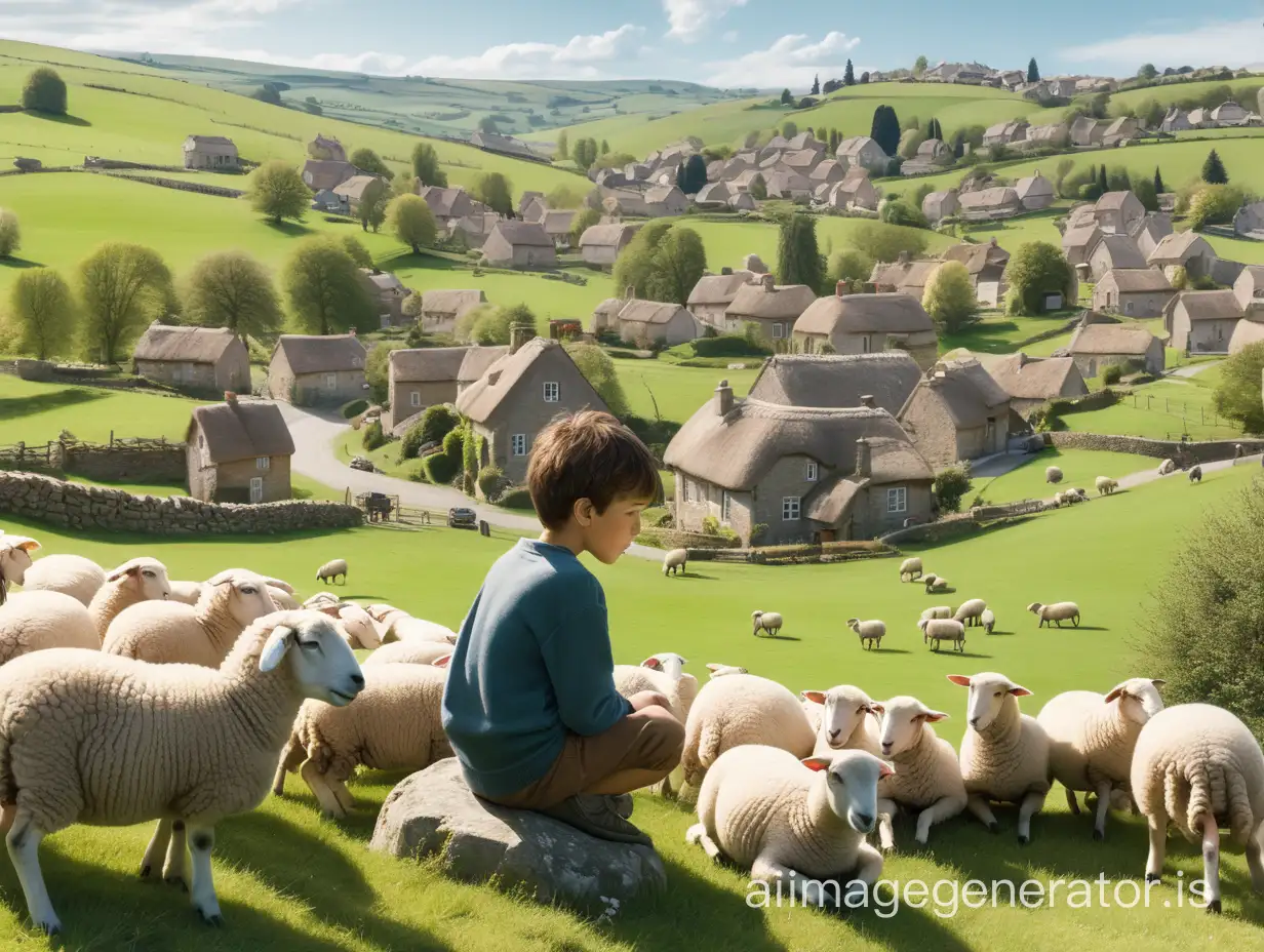 A picturesque countryside village with rolling hills, quaint houses, and a flock of sheep grazing peacefully. The camera zooms in on a young boy, around 10 years old, sitting on a rock, looking bored as he watches over the sheep.