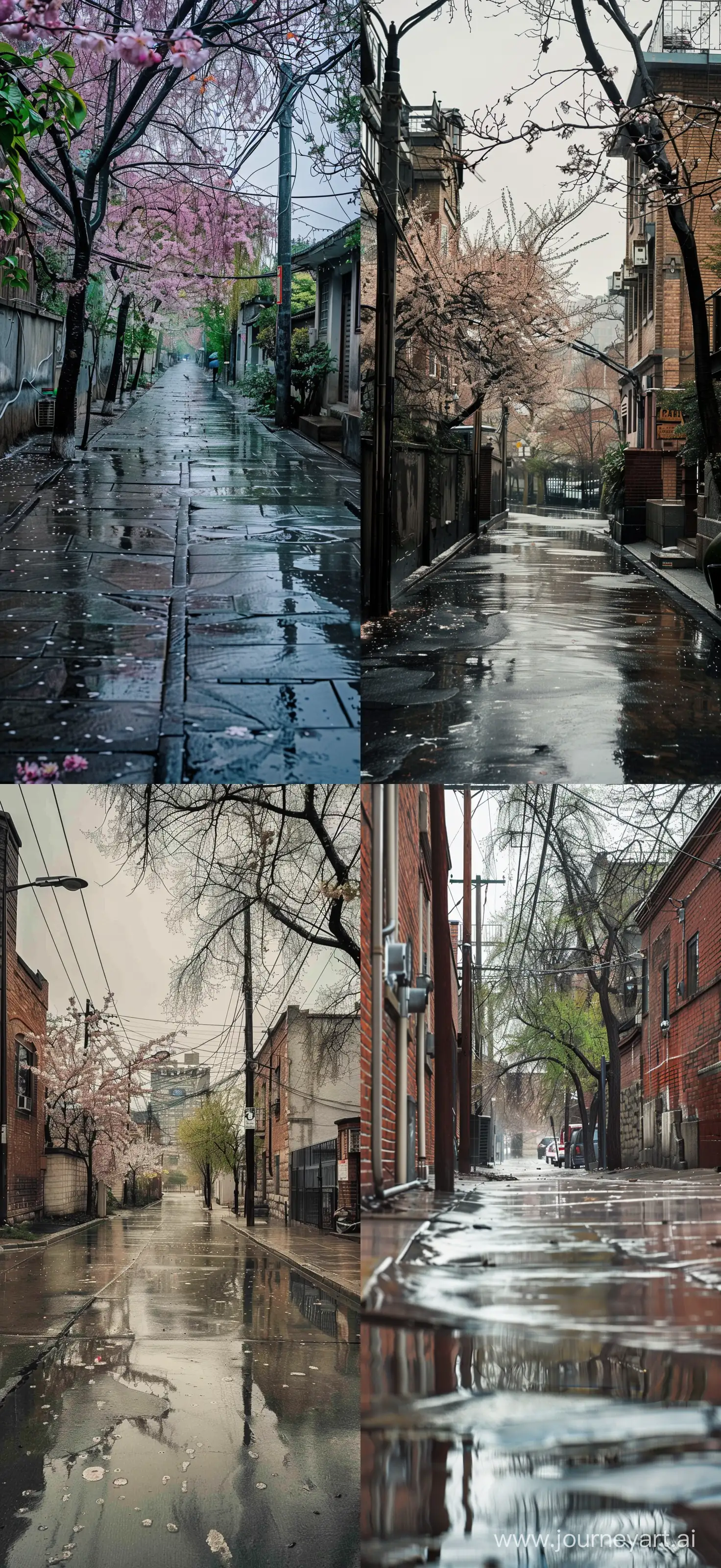Professional Photography Quiet alley, Spring Rainy Day, Wide Shot, Fix Frame, High Quality --v 6.0 --ar 6:13