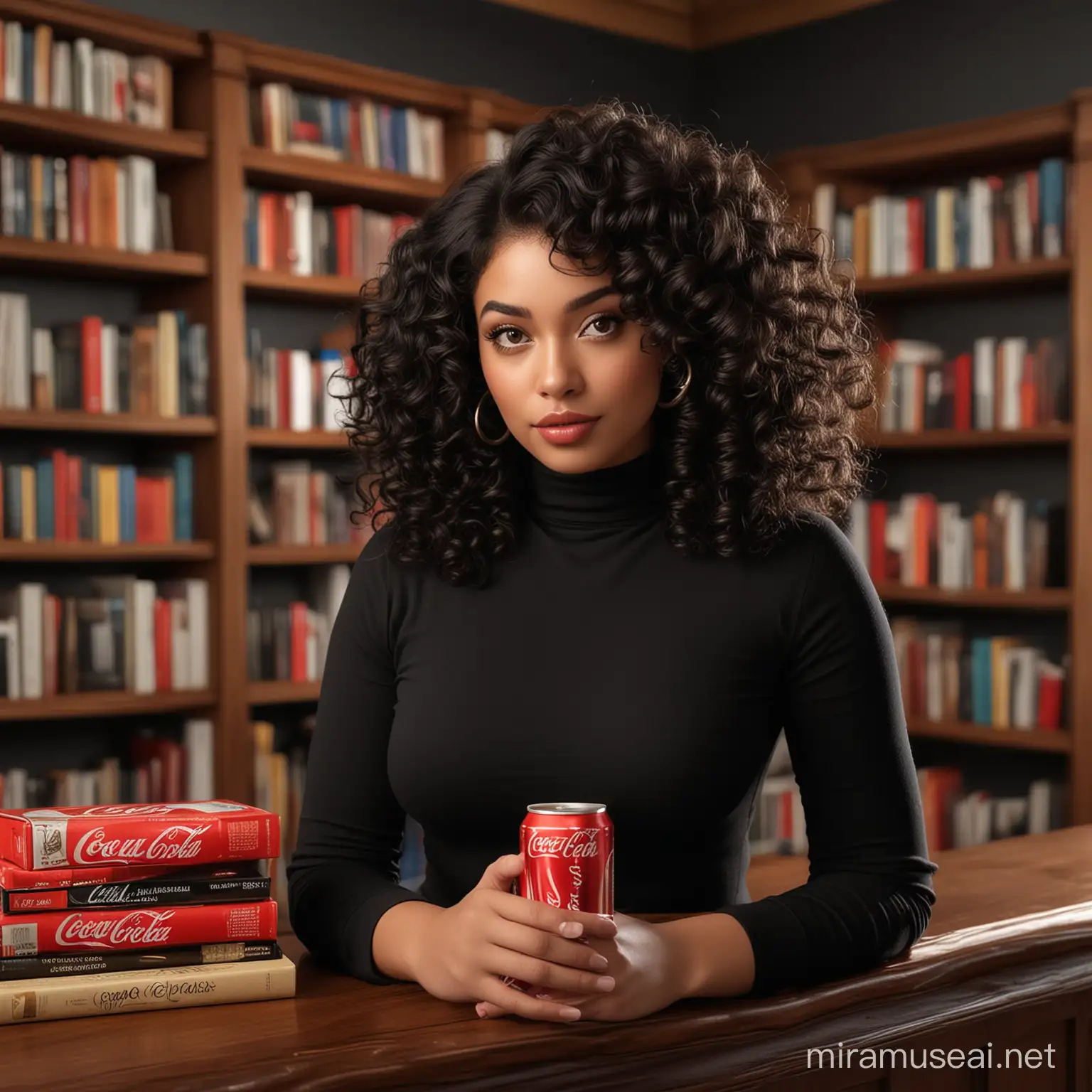 Create a hyper-realistic image of a curvaceous woman with dark skin and voluminous curly black hair, wearing a form-fitting black turtleneck shirt. She has a poised expression and subtle makeup highlighting her eyes and lips. She is standing in an elegant room with wooden bookshelves filled with books in the background. She is holding a coca cola can, resting on a black circular base. The lighting is warm, enhancing the golden hues and giving a luxurious ambiance to the setting, 32k render, hyperrealistic, detailled.