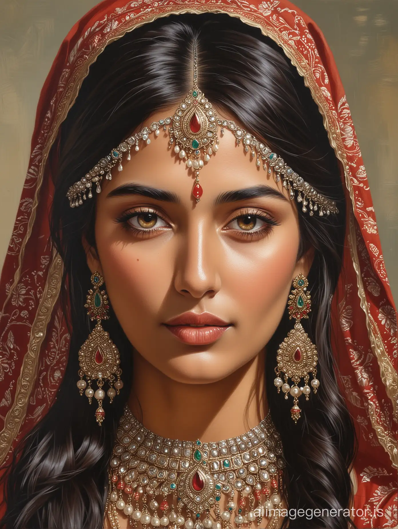 Cole detailed front view oil painting of an Indian beauty with Kundan jewelry