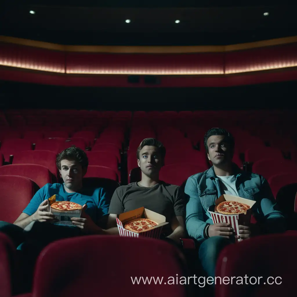 Два мужчины сидят рядом в пустом кинозале, вид спереди, смотрят кино, темнота, едят пиццу 