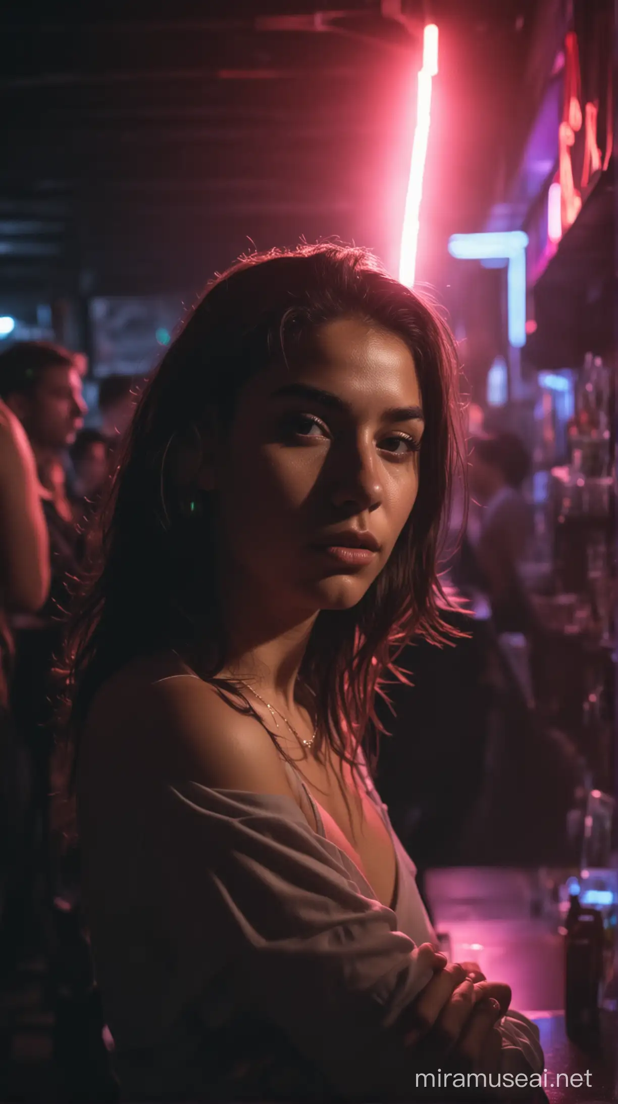 mujer joven de origen latino en un bar a oscuras con mucha gente a su alrededor  haciendole contraste a traves de la iluminacion proveniente de un neon celeste 