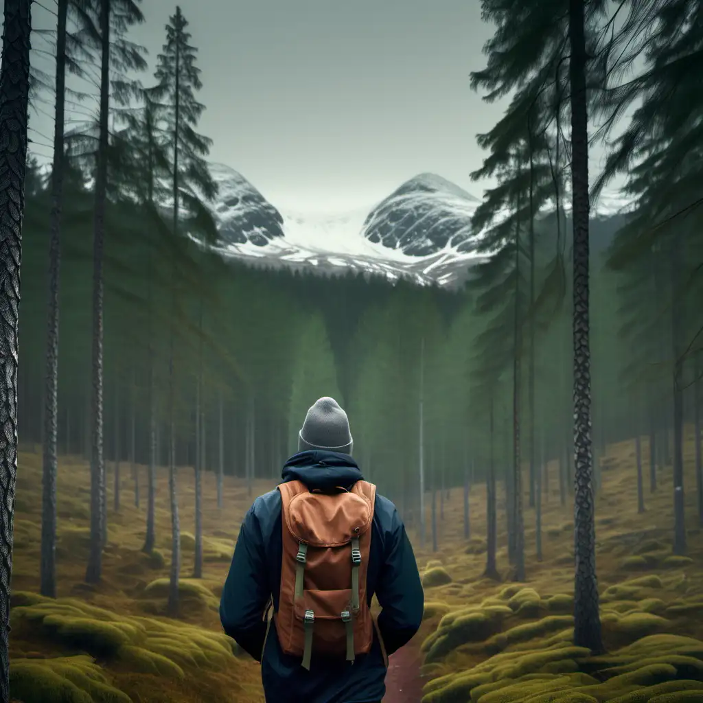 norwegian forest with huge pinewood trees. One bald guy with beanie and backpack is walking through the forest towards the mountains in the horizon


