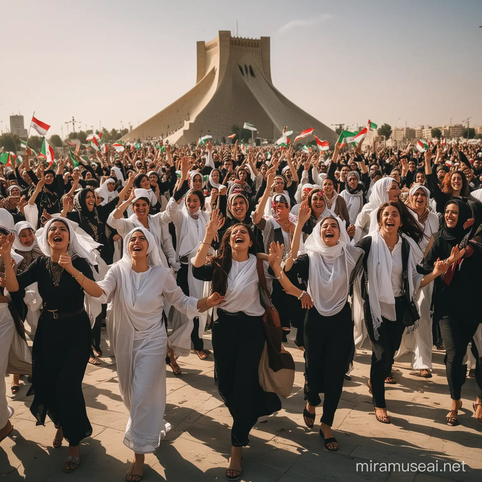 Iranian people celebration their freedom in the streets men and women are happy and dance together and tears from joy on their face 
Azadi Tower is behind them 
hair of the women are dancing in the wind 