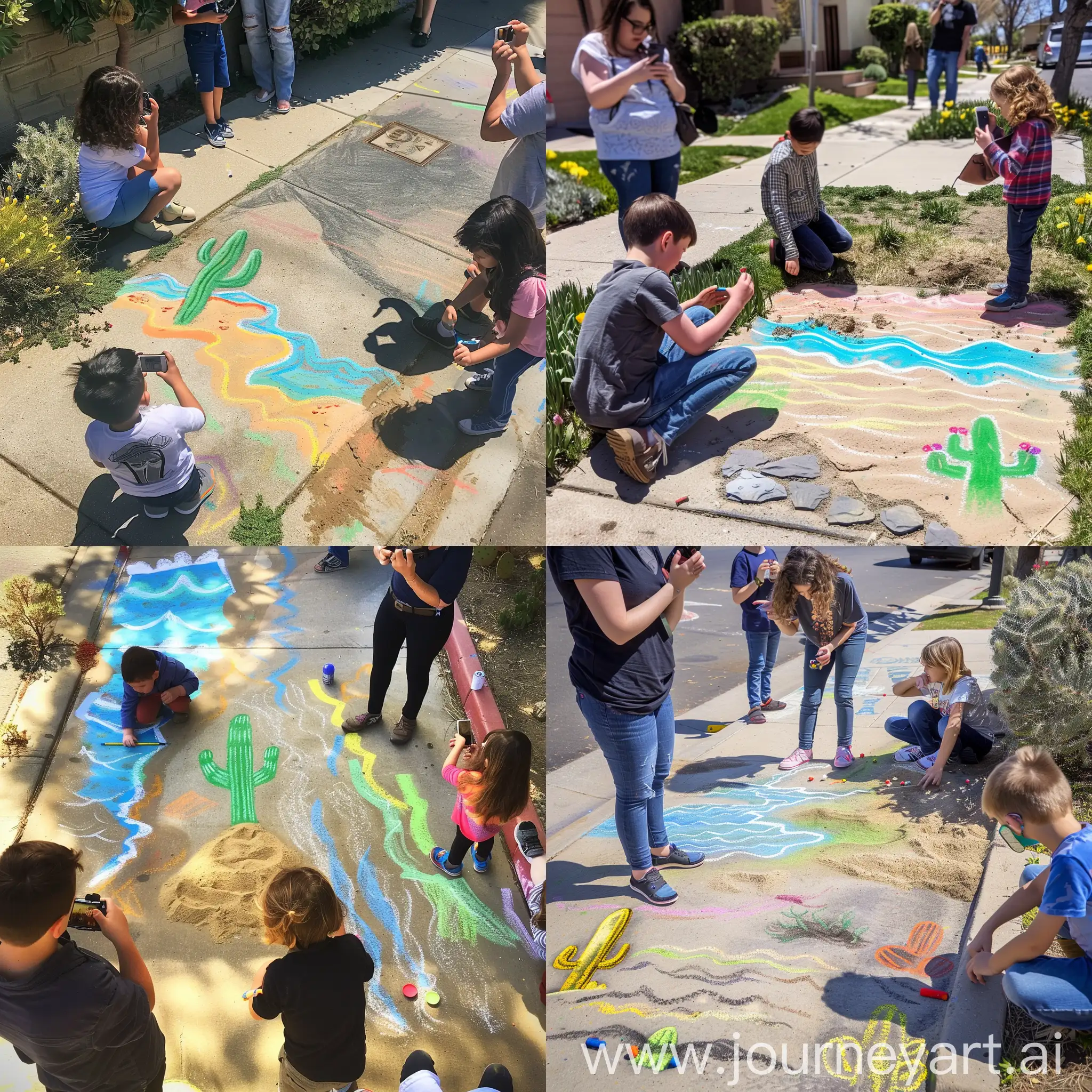 On a sunny spring morning, three kids use colored chalk to draw sand, waves, cacti on the sidewalk, and parents take photos of the kids and their creations!