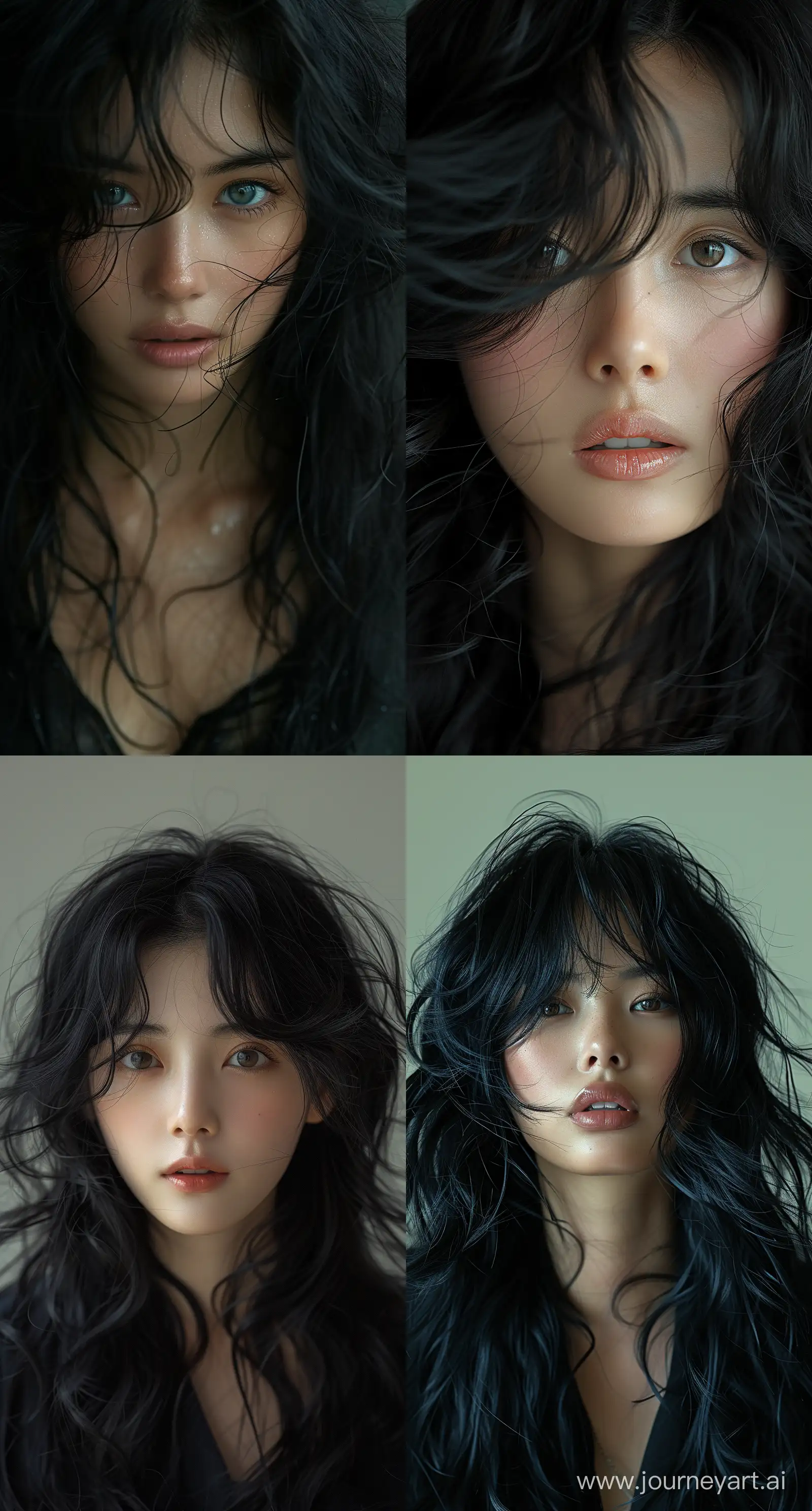 a woman with flowing,black hair, in the style of dain yoon,  captures raw emotions, wavy, distinct facial features --ar 69:128 --stylize 750 --v 6