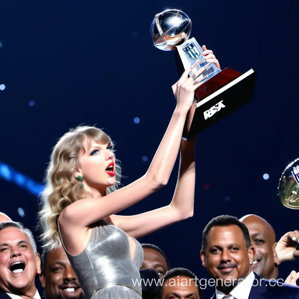 Taylor Swift hoisting the Lombardi trophy