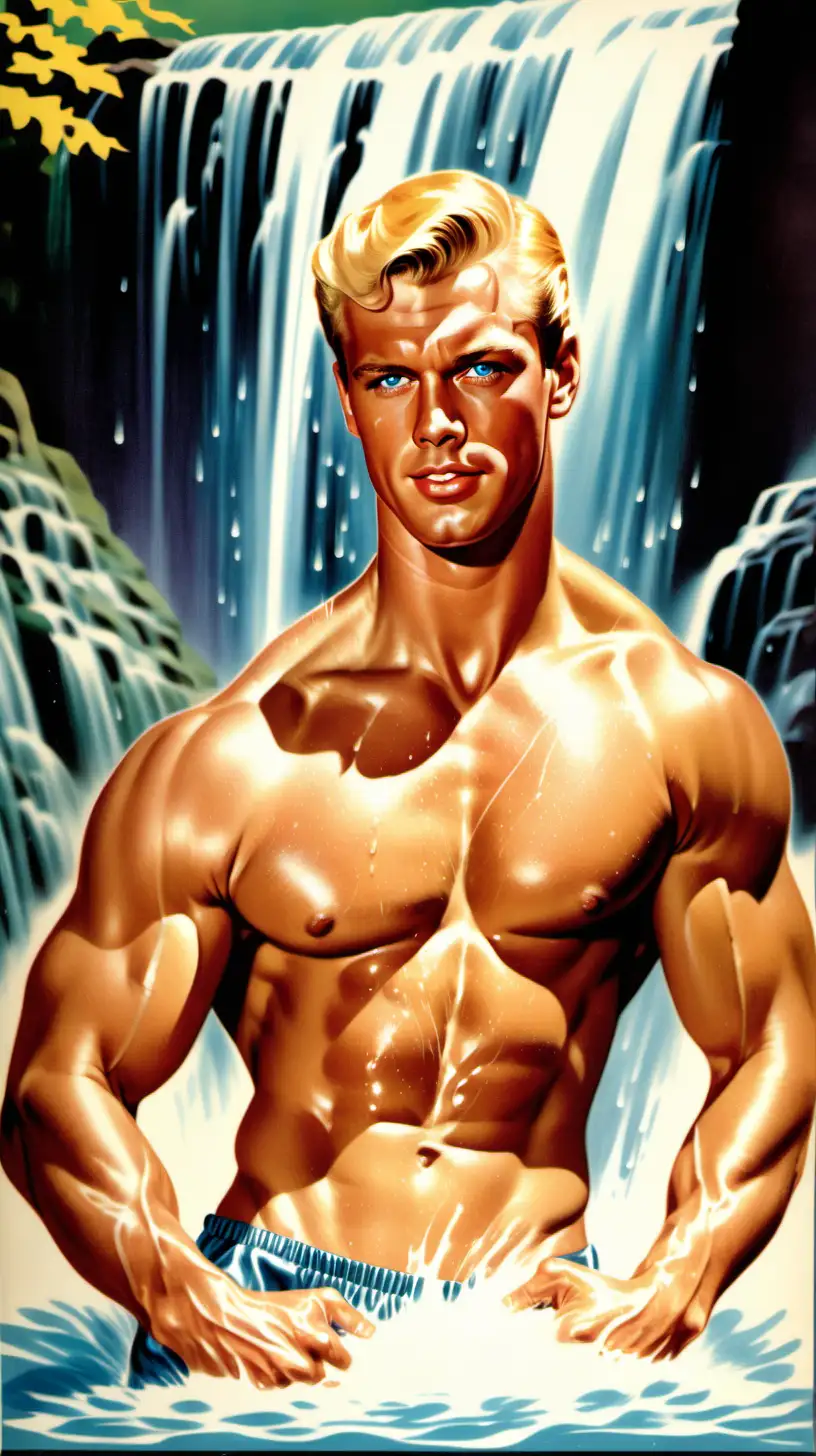 A 1960a pin up poster of a handsome blonde hunk flexing his muscles, dripping wet bathing under a waterfall. That hunk has short hair, blue eyes, skimpy trunks.