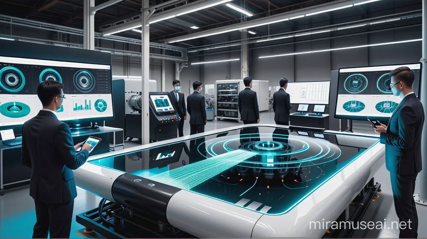 Create a futuristic digital image of digital twin that consists of image, video and location of a factory machine.