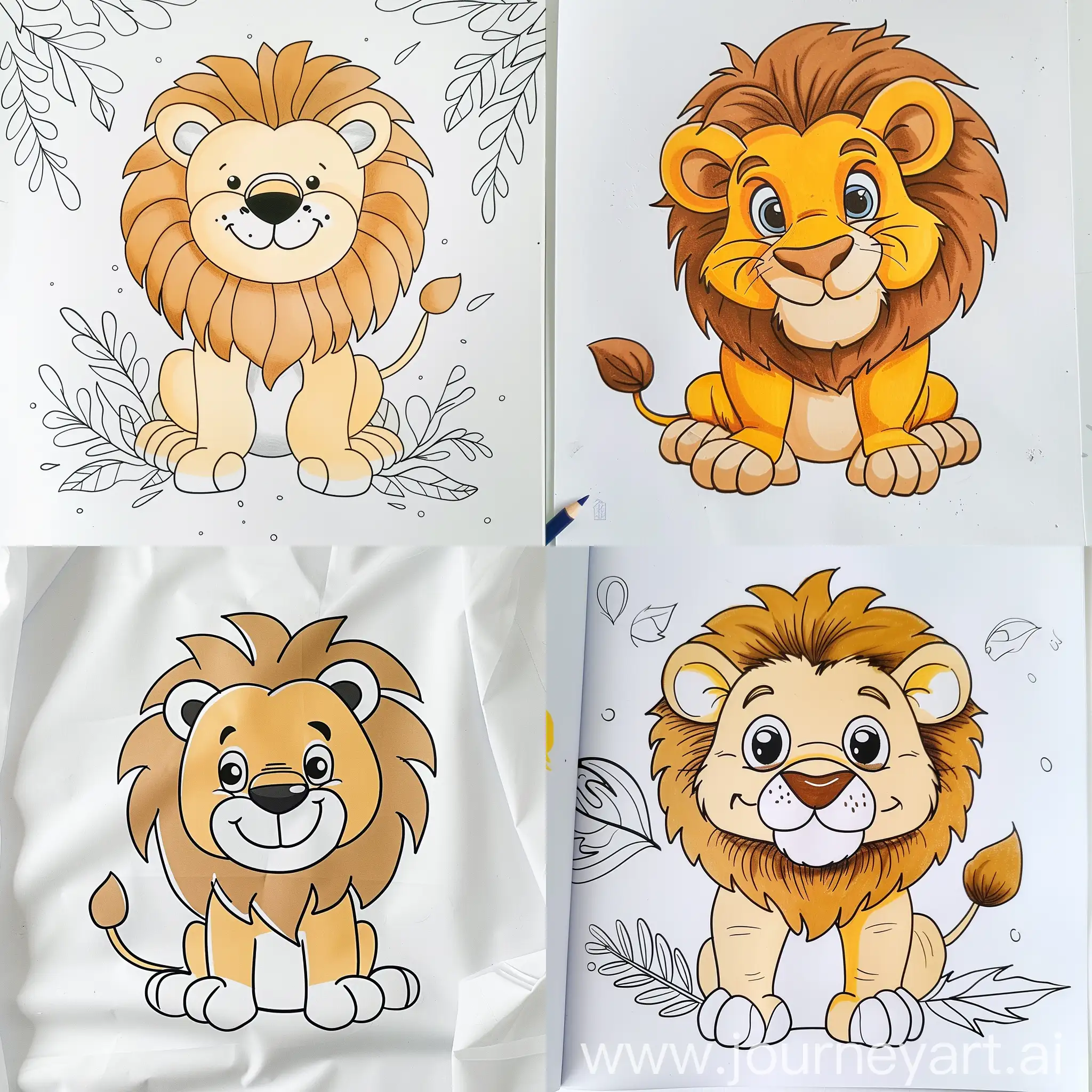 Dibujo un león lindo y sencillo para libro de colorear de niños pequeños, sin escalas de grises en una hoja blanca con fondo liso sin dibujos