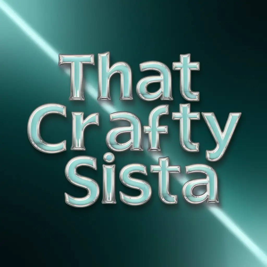 text "That Crafty Sista", isolated on a teal gradient background, the text is ethereal, slick, vitreous, with a luster and a sheen and a glaze, glassy font, reflective font style, glossy text effect, polished font weight, gradient text color, shiny surface, smooth outline, glosscoated, cleancut, bright clarity