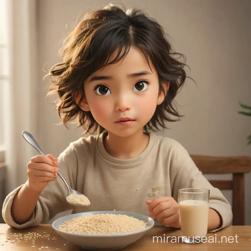 Young Girl Enjoying Sesame Milk with Spoon on Table