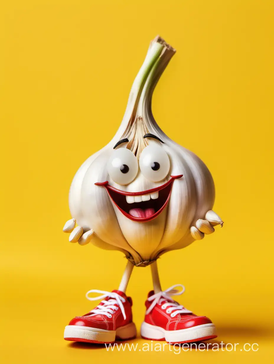 THE CHARACTER GARLIC, A CHEERFUL AND FUNNY GARLIC, HOLDS GARLIC IN HIS HANDS, RED SNEAKERS ON HIS FEET, STANDS ON A YELLOW BACKGROUND