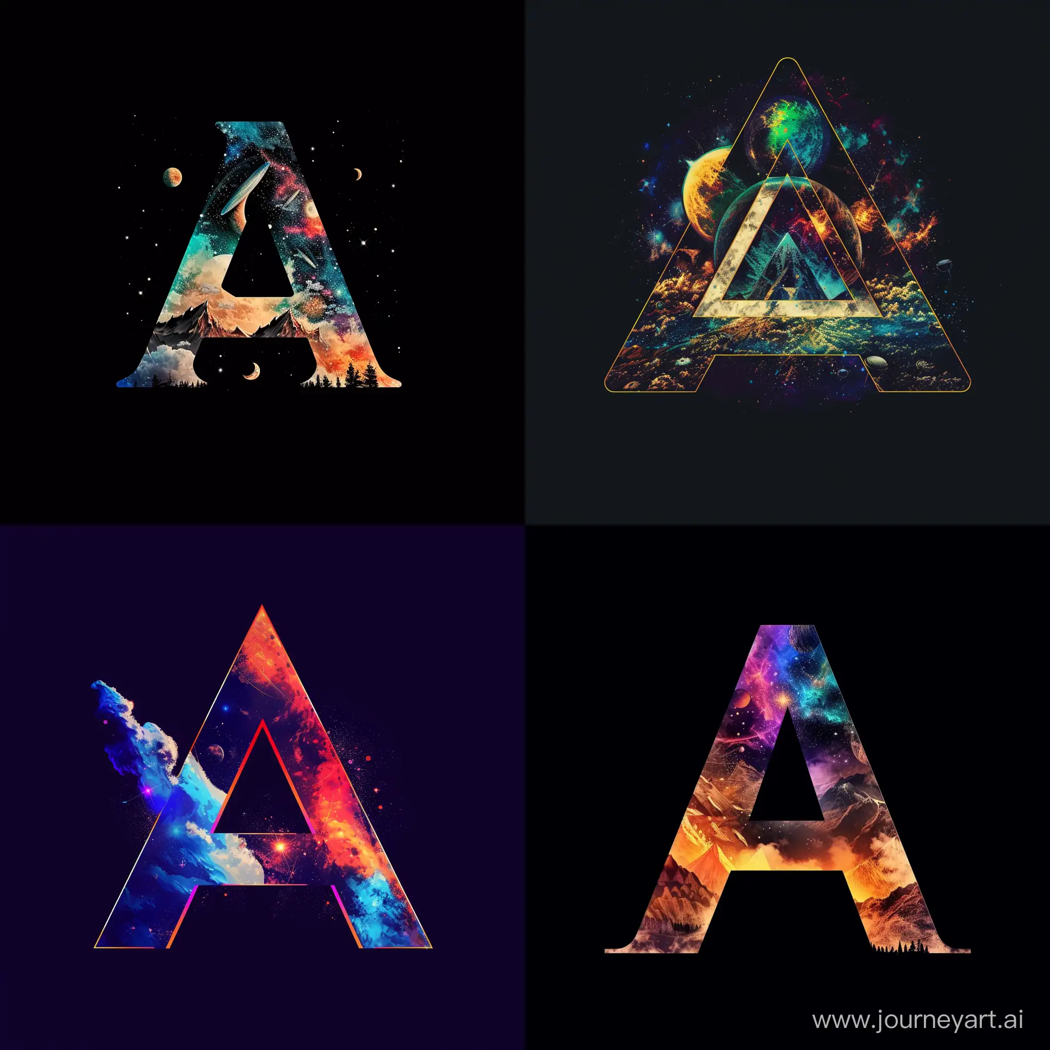 Create a mesmerizing logo using the letter 'A' as the focal point, incorporating dreamlike elements and a hint of darkness. Infuse the design with cosmic colors and artful, surreal imagery to convey the merging of art and fantasy. Emphasize the feeling of enchantment and evoke a sense of wonder and creativity. Let the logo exude an otherworldly and mystical aura that captures the essence of dreams and imaginative escape