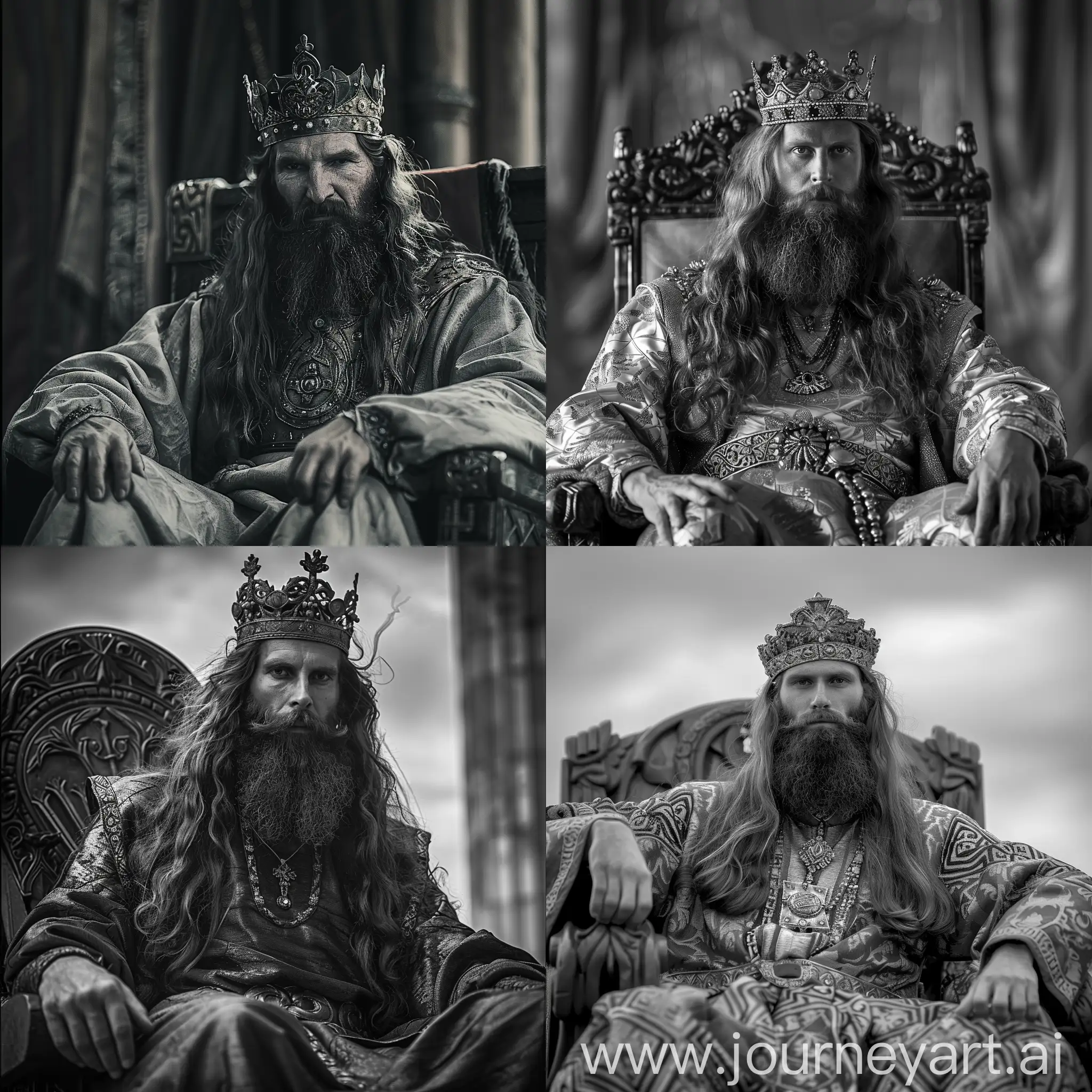 /imagine prompt: Lombard King Alboin, depicted in luxury tunic and king crown, long hair and long beard, sitting on throne comfortable, looking at the camera bold, Macro Photography, Overcast, Ricoh GR III, full body shot, Nikon AF-S 70-200mm, Desaturated