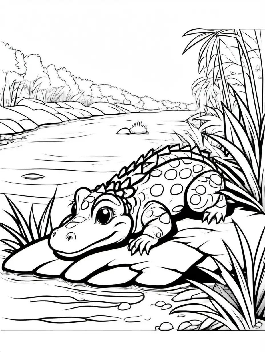 Coloring book, cartoon drawing, clean black and white, single line, in center of aspect ratio 9:16, white background, cute crocodile hatchling resting on a riverbank.