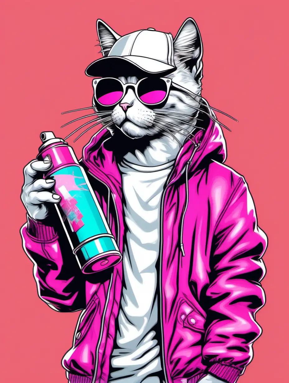 illustration of an adult anthropomorphic cat holding a spray can. The cat is wearing a cap backwards and hip hop style clothes. Art style to be more Vaporwave style inspired. The cat is zoomed into the camera and is wearing sunglasses. Coat colour to be white.