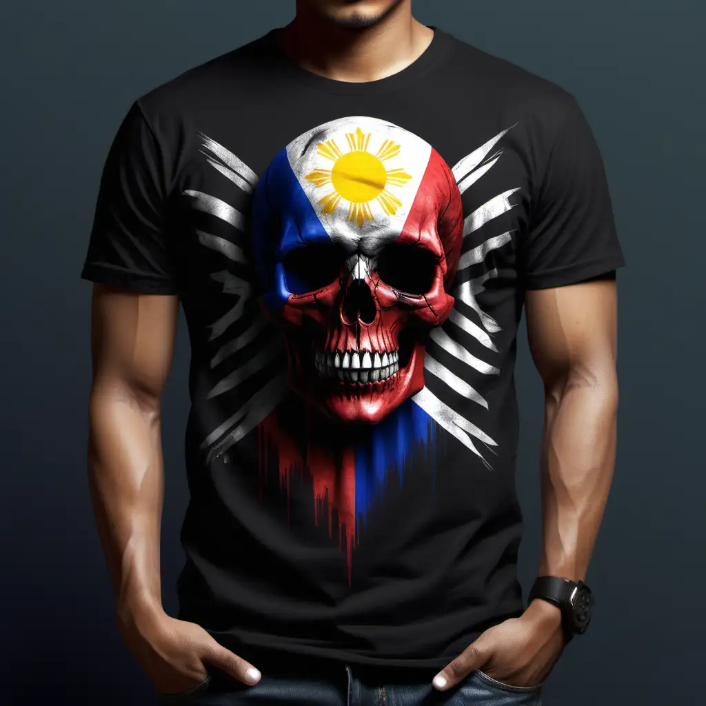 generate a photorealisitic t-shirt design with a skull, a motorcycle and the filipino flag