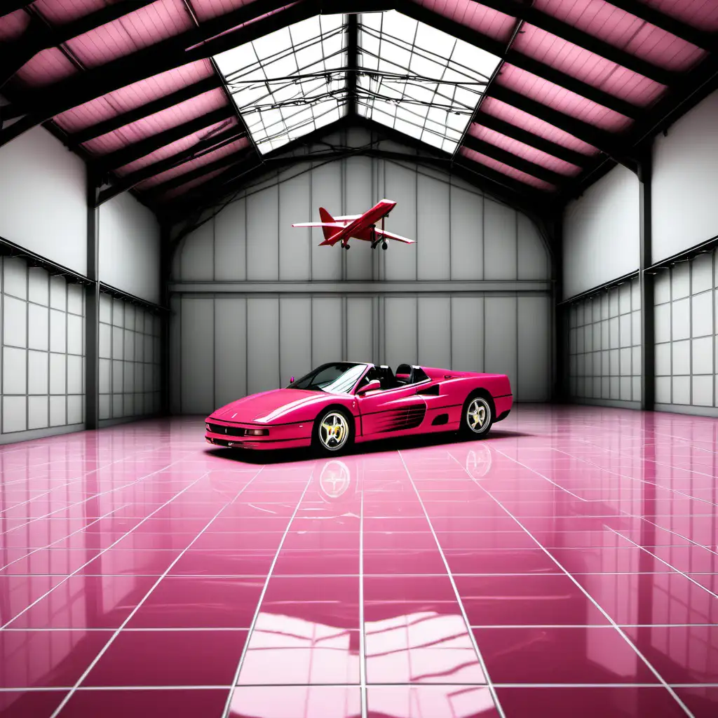 plane hanger. with pink tile. with a The Ferrari Testarossa Spider.
