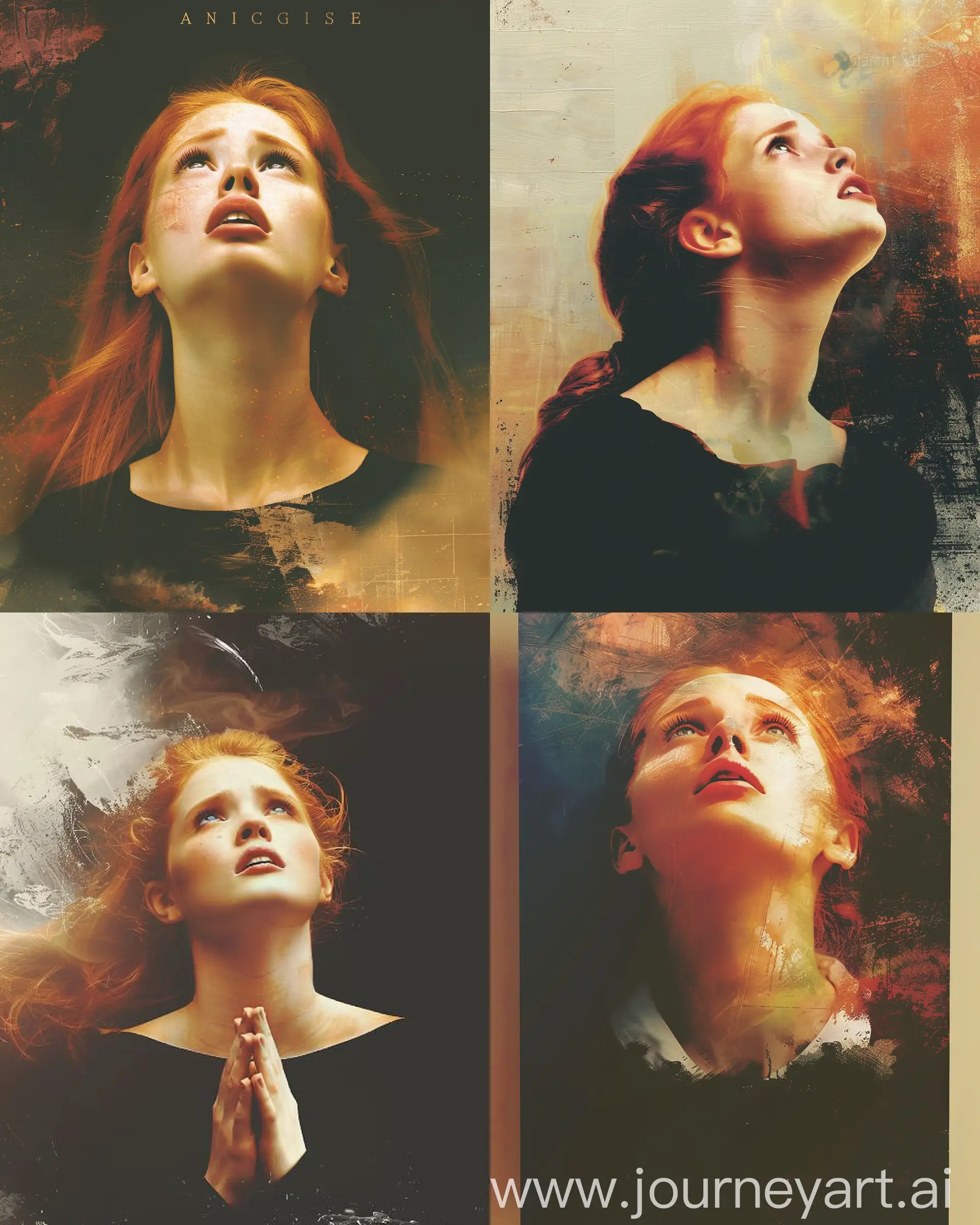 A painting canvas with a beautiful red-haired maiden with lovely features, looking up in lamentation --sref https://i.pinimg.com/564x/a4/a7/7d/a4a77d70ac0fc1e9c75324543f7e9aa7.jpg --v 6 --ar 16:20