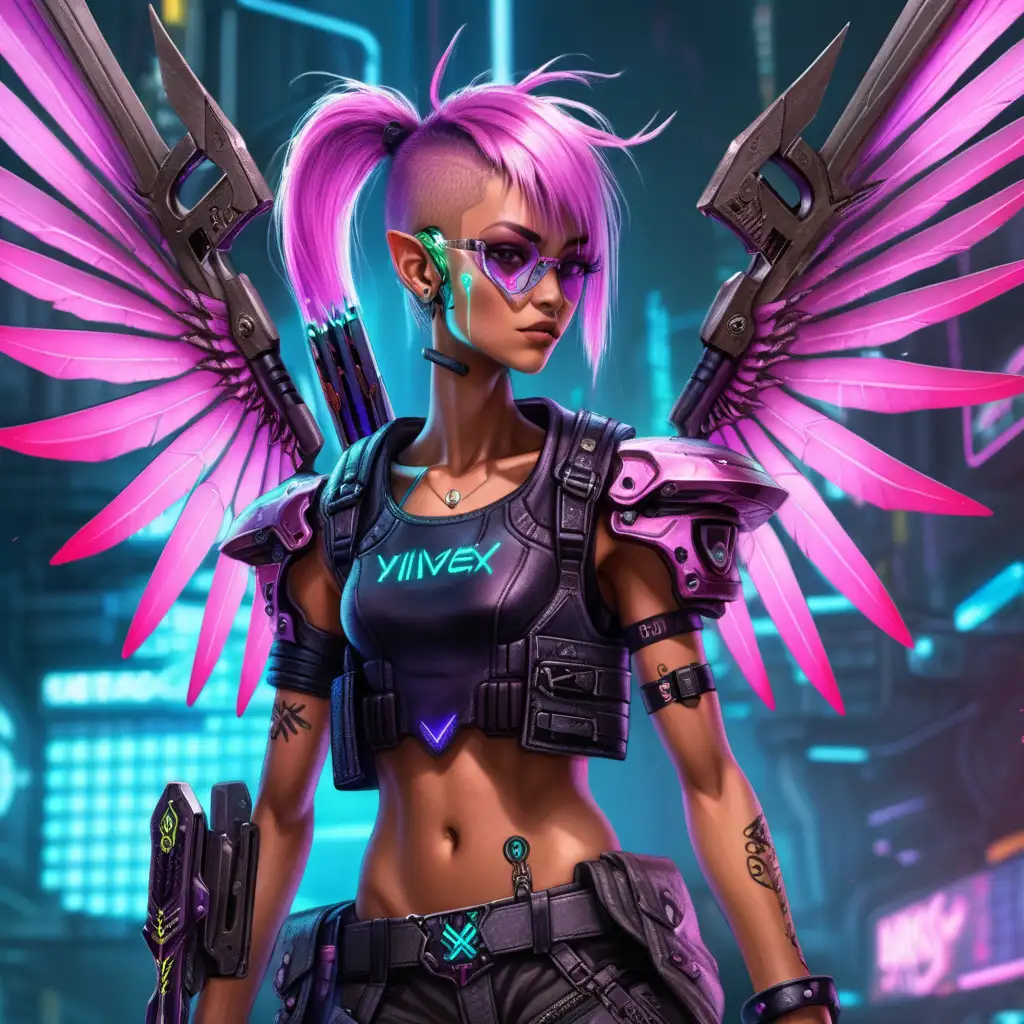 cyberpunk female pixie with wings and a sword