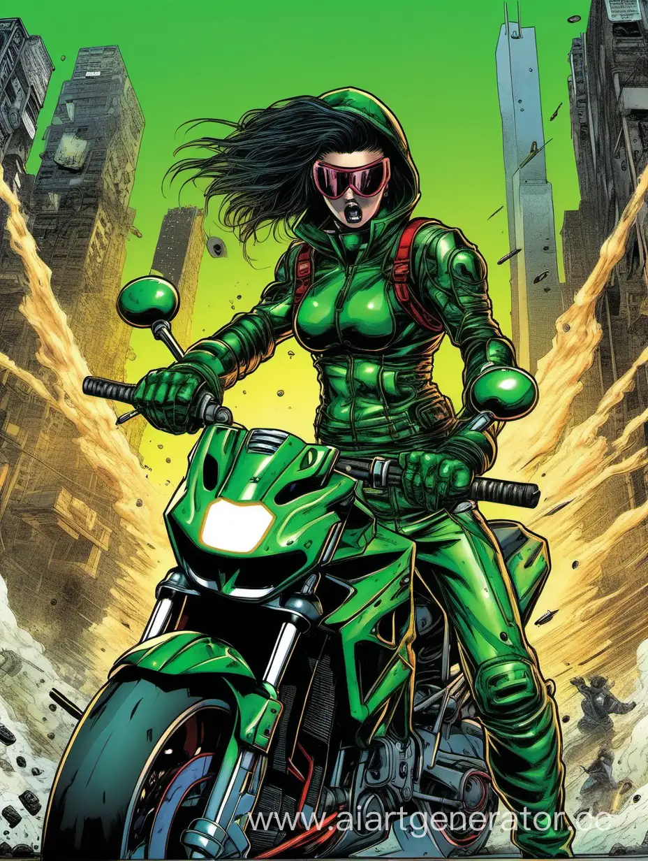90s comics art, attack move, small figures in blank space, cyberpunk, female sportbike rider, katana wielder, full helmet, green jacket, sadistic, aggressive, colored