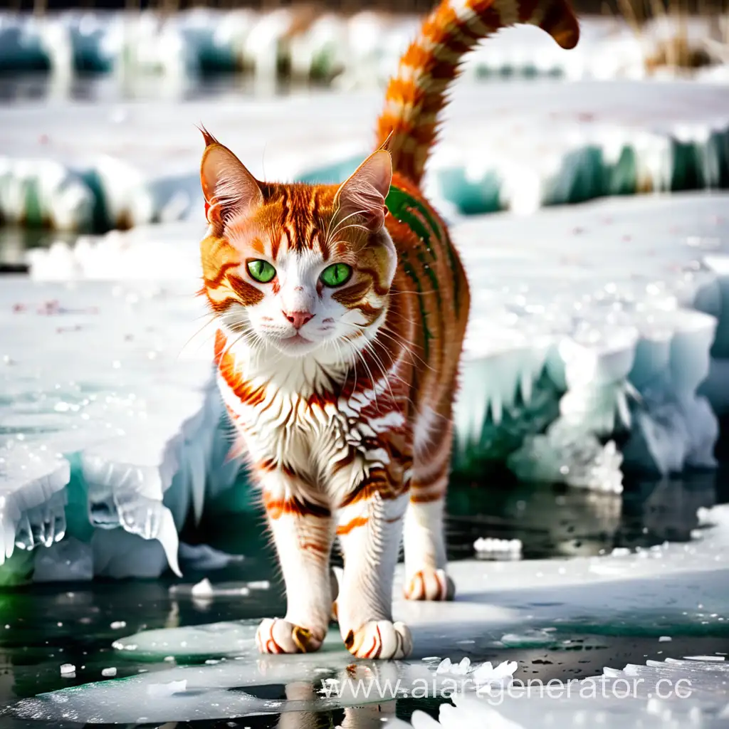 A red striped cat. The belly is white. Green eyes. Standing on the ice on all fours