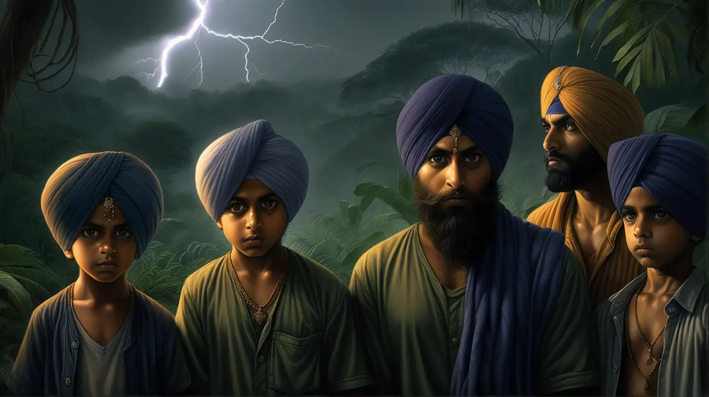 4 Sikh young boys, 4 turban boys, and their Sikh father, Dark, gloomy, lightning strikes in the background, harsh jungle, chiaroscuro enhancing the intricate details, in a digital Rendering “v6”