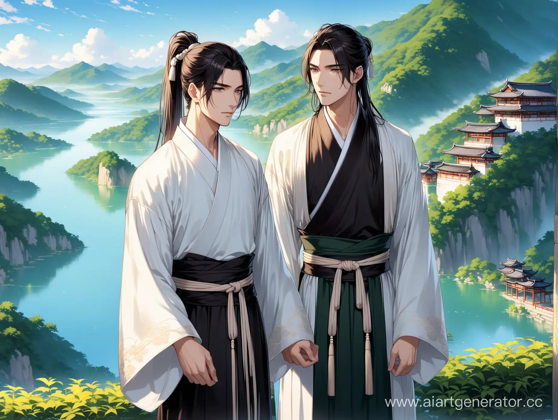Two graceful men, in white and black hanfu, noble appearance, beautiful eyes, men hair is tied up high in ponytail, young men long dark hair, beautiful landscape