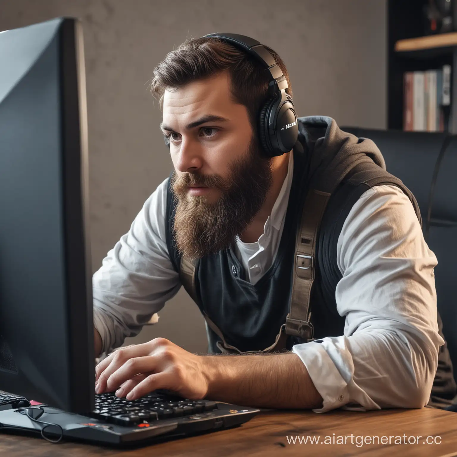 кавказки строгий бородаты геймер сидит за компьютером  

