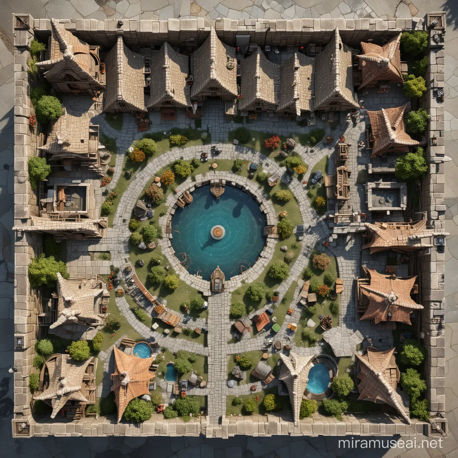 Dungeons and Dragons Village Aerial View of Serene Fountain Amidst Rustic Dwellings
